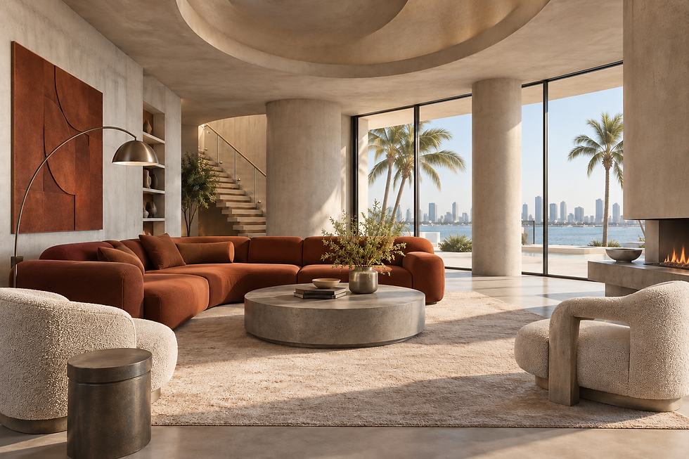 Soft Brutalism residential interior design concept with newly made furniture and fresh finishes.