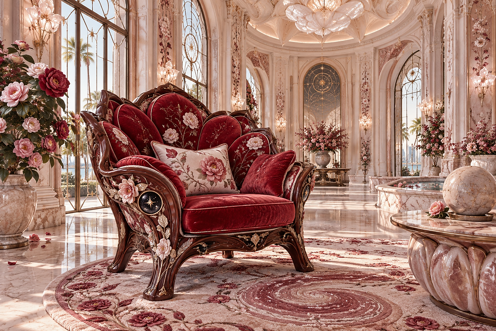 Craftsmanship study for The Camellia Conservatory: rose textiles, camellia-inspired carving and fresh embroidered upholstery.