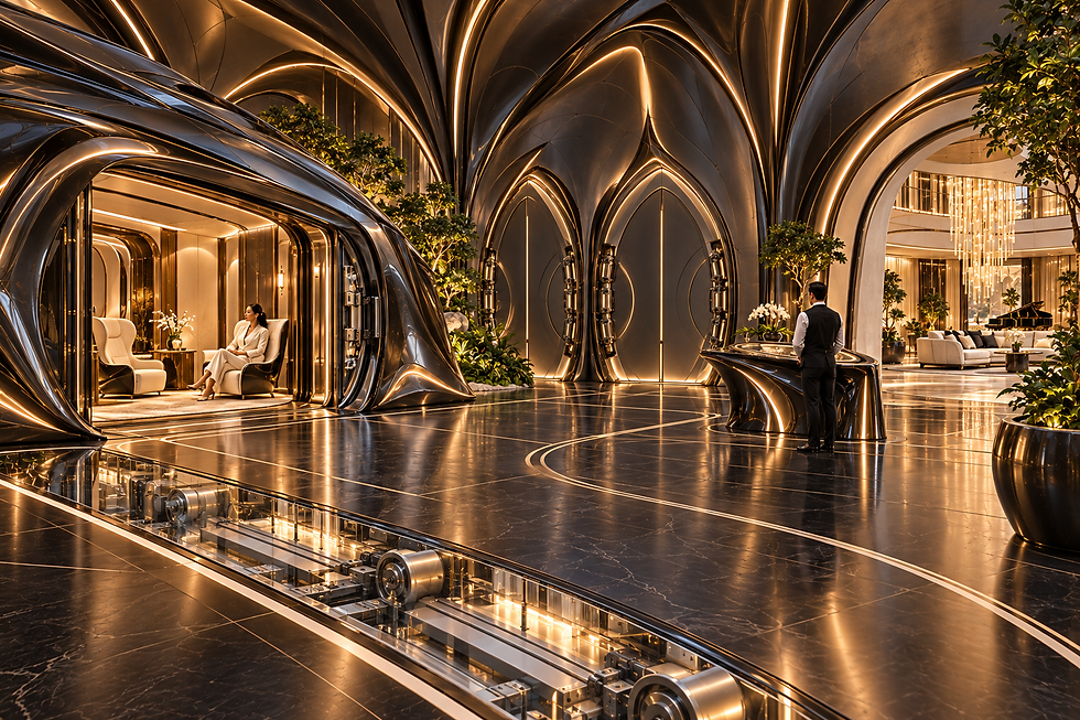 Asterion room transfer hub, a black organic transformer residence concept with custom architecture and furnishings.