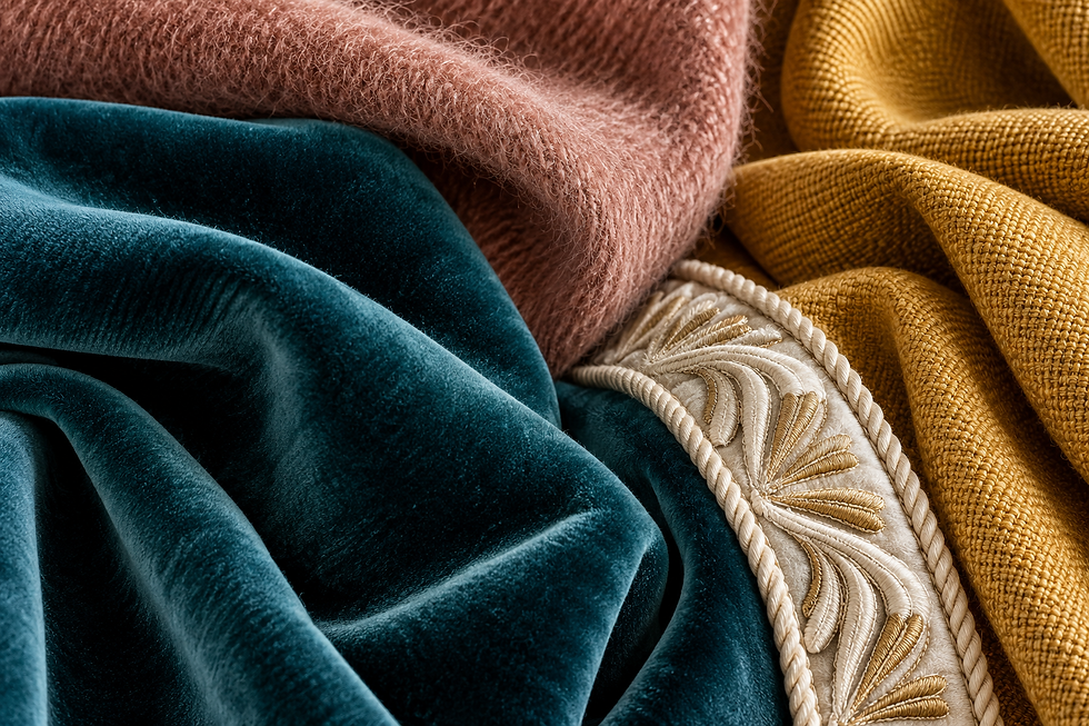 Extreme close editorial fabric study of teal velvet pile, rose mohair, saffron drapery weave and cream embroidered piping, tactile and luxurious