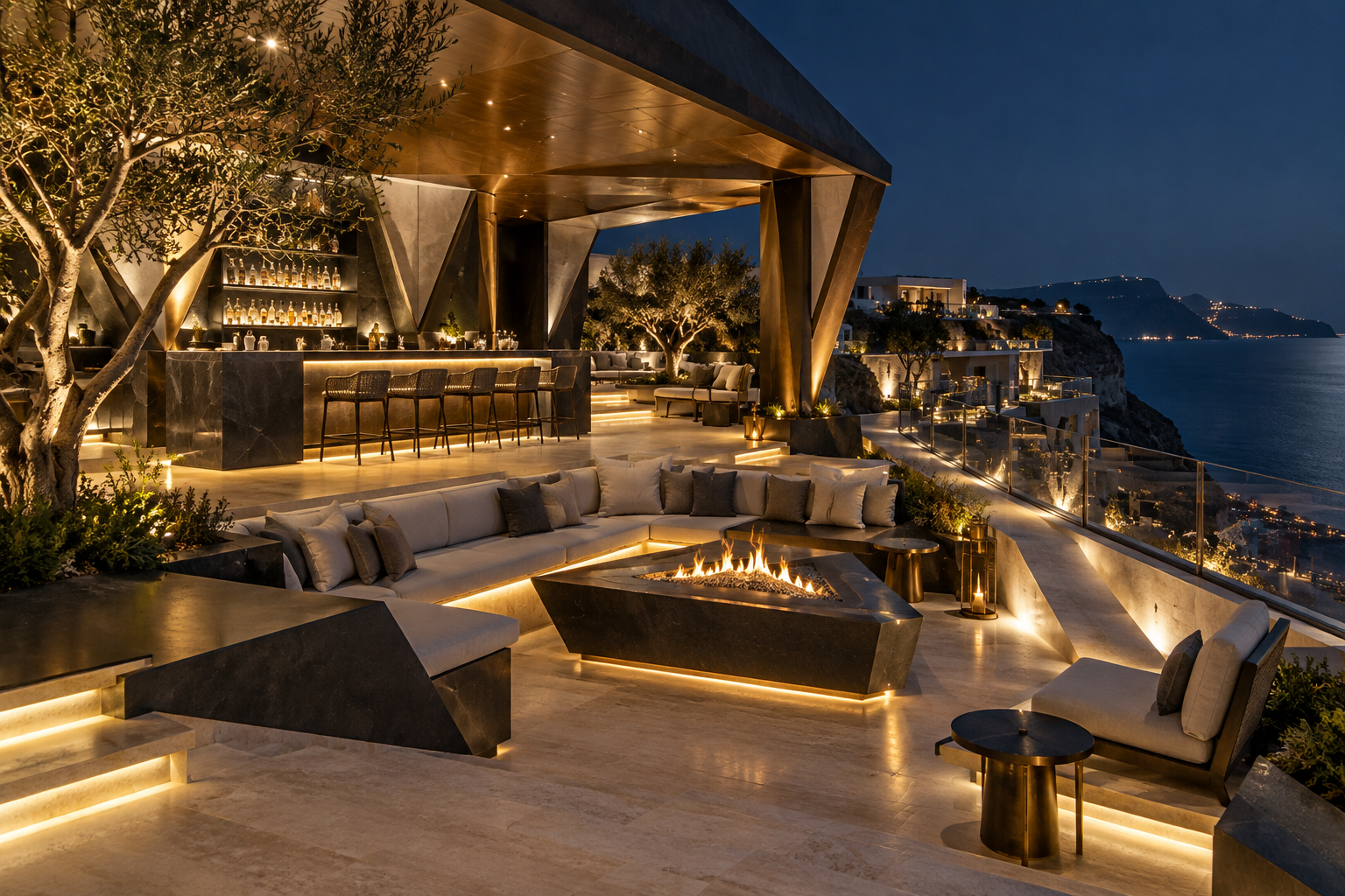 Rooftop night garden lounge at The Aetherion Cliff Palace