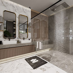 New Luxury Residential High-End Modern Master Bathroom with Glass Shower Doors, Ceiling Cascade Shower System, , Double Wood Vanity with Double White Vessel Sinks, Black and Bronze Hardware and Trims, White Carrara Marble Floor and Wall Tiling Slabs Finish Materials, Emperador Brown Marble 5" Thick Stone Vanity Countertop, 2 Rectangle Mirrors, 2 Ceiling Pendant Lighting Lamps, Shower Bench, Wood Door 3D Interior Architecture, 3D Interior Design, 3D Color Hyper Realistic Perspective Renderings Services Construction Project Available. Book us today! Call us at: (305) 680-3283.