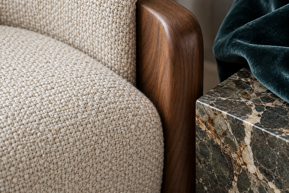 Design concept detail showing ivory upholstery weave, walnut grain, veined stone and a blue velvet accent — residential interior design in Miami, FL