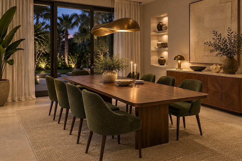 Coral Way dining-room concept with a walnut table, green upholstered chairs and layered bronze lighting — residential interior design in Miami, FL