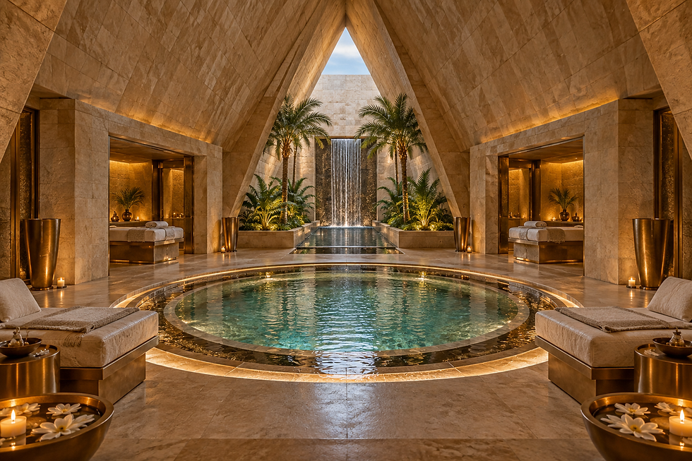 Egyptian pyramid mineral spa with a circular pool, warm stone, recessed lighting, and symmetrical treatment areas.