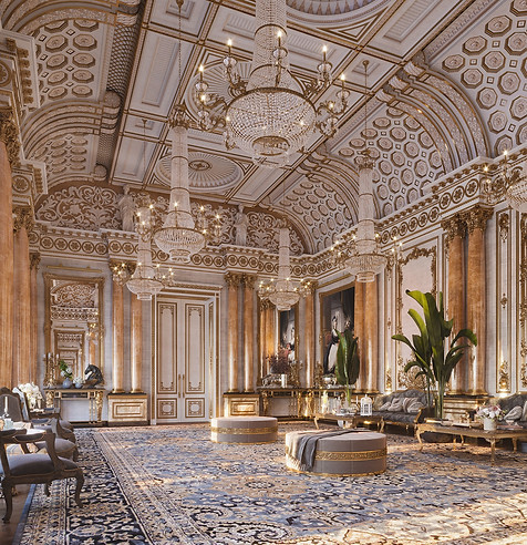 Luxury Royal Architecture Palace Ball Room with Diamond Chandeliers and Millwork Mahogany Velvet Furniture Construction Project ELD Firm in Miami, FL | Book us today (305) 680-3283