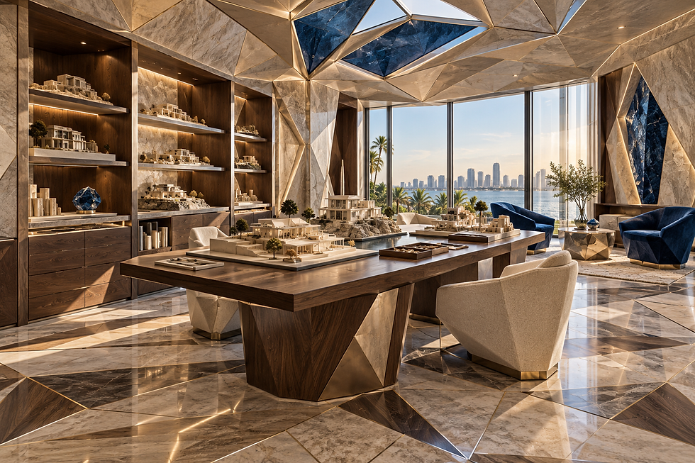 Architectural maquettes occupy a model-making table in the Scaled World Atelier. Organized cabinetry and cream seats support spatial exploration at different scales.
