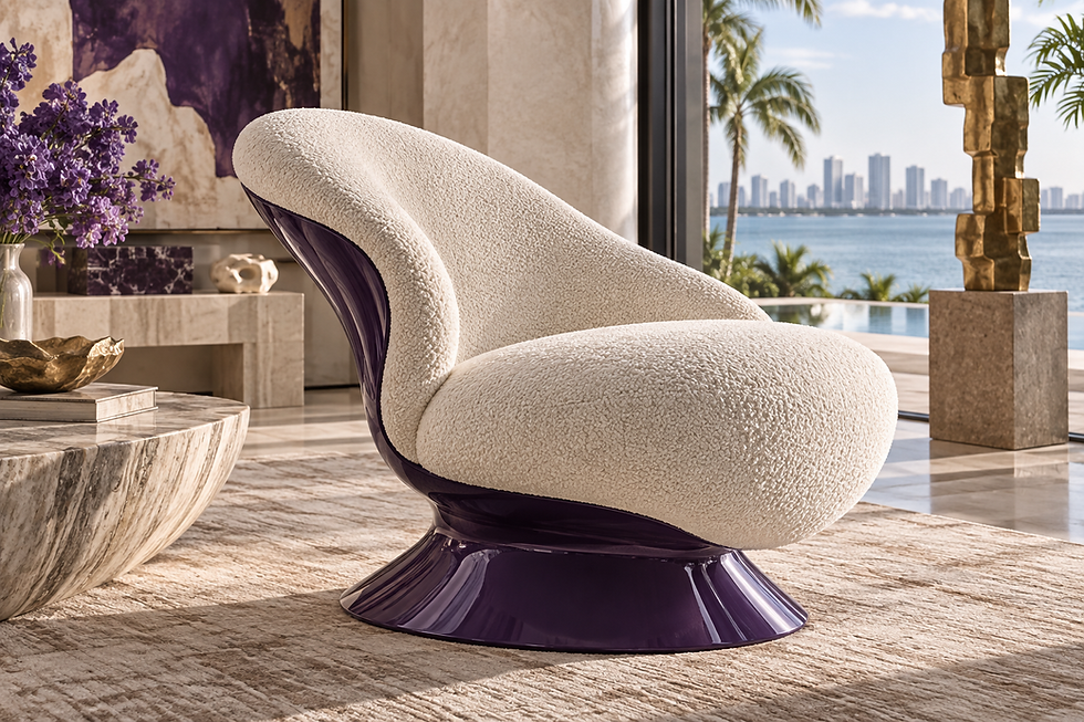 A collectible sculptural ivory bouclé chair with violet lacquer base and organic curved back