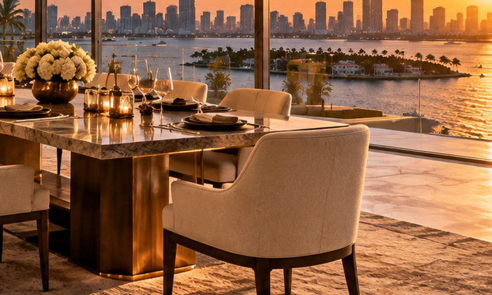 Close-up crop of dining-table materials, glass reflections and warm illumination in the interior design concept — residential interior design in Miami, FL