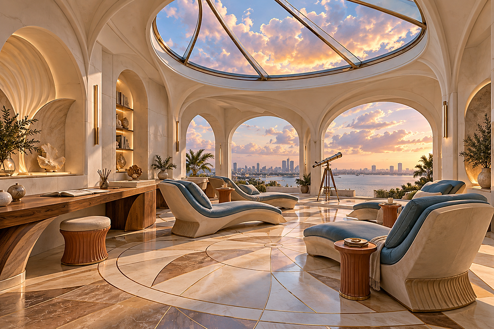Comfortable reclining seats sit beneath a protected sky opening in the Cloud Movement Observatory. Pearl shell forms and a sketch ledge encourage attention to changing clouds.