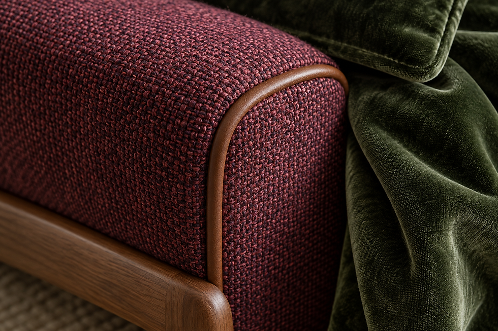 Design concept close-up of berry upholstery weave, leather piping, green velvet pile and warm timber — residential interior design in Miami, FL