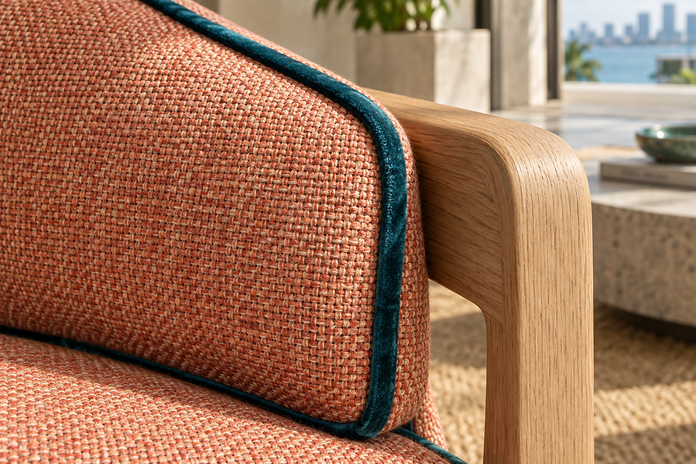 Close material concept of coral woven upholstery, a teal velvet welt and a finely grained pale oak armrest.