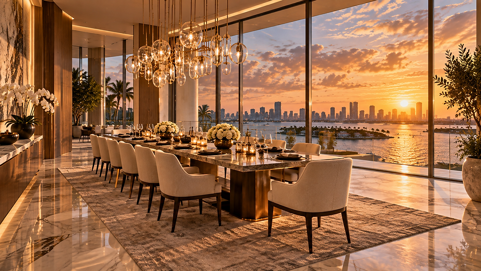 Interior visualization of a waterfront dining room with a glass chandelier, tailored seating and a panoramic golden sunset — residential interior design in Miami, FL