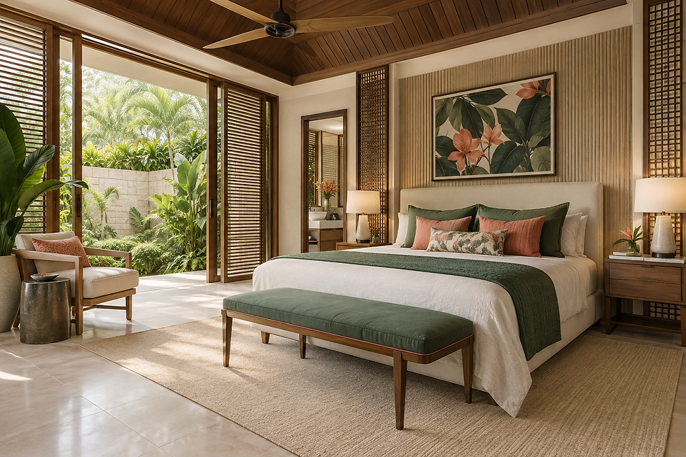 Tropical Modernism interior visualization: a second residential composition with newly made furnishings and fresh textiles.