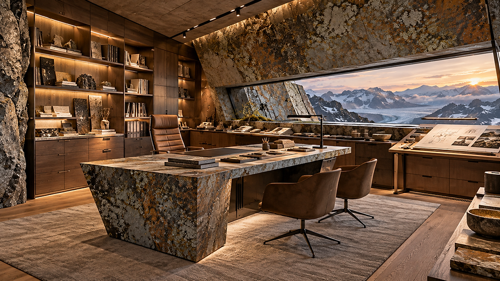 Alpine executive design studio with material samples and technical workstations