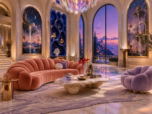 Contemporary Surrealism residential interior design concept with newly made furniture and fresh finishes