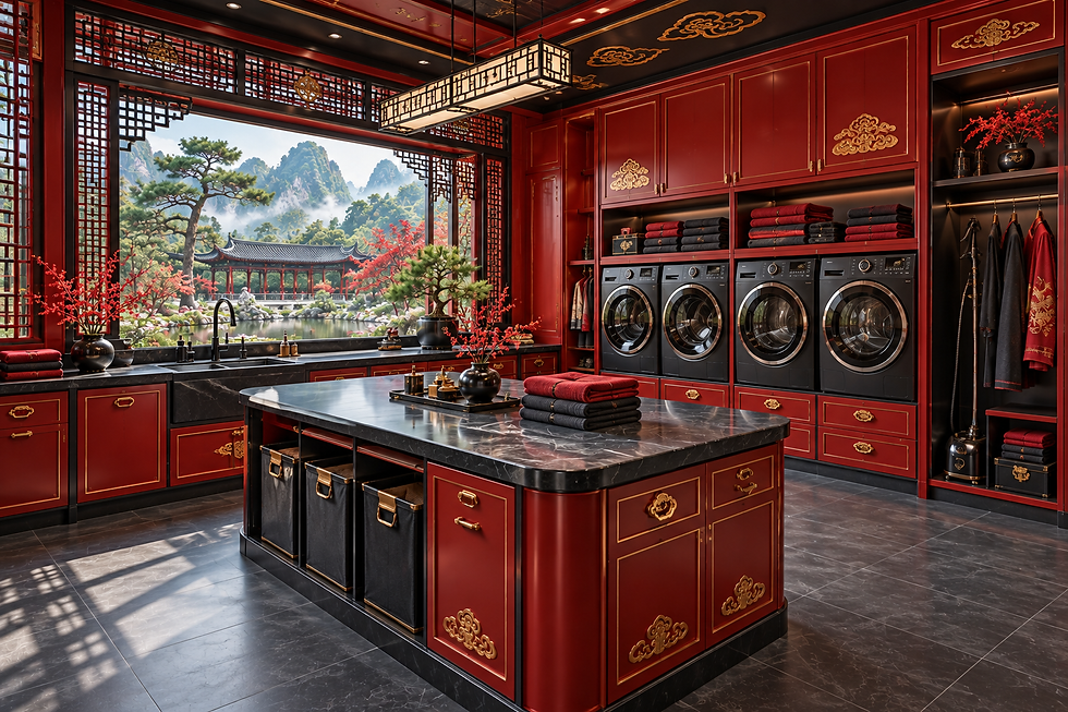 The Laundry and Garment-Care Room: The laundry completes the supporting interior program with washing and drying equipment, a folding island, a sink and garment-care storage. Its layout makes the working sequence visible — Chinese and Japanese-inspired interior design