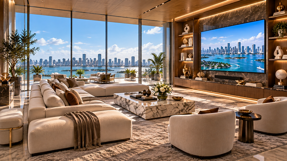 design concept penthouse media lounge concept with a stone feature wall, tailored seating and panoramic bay views — residential interior design in Miami, FL