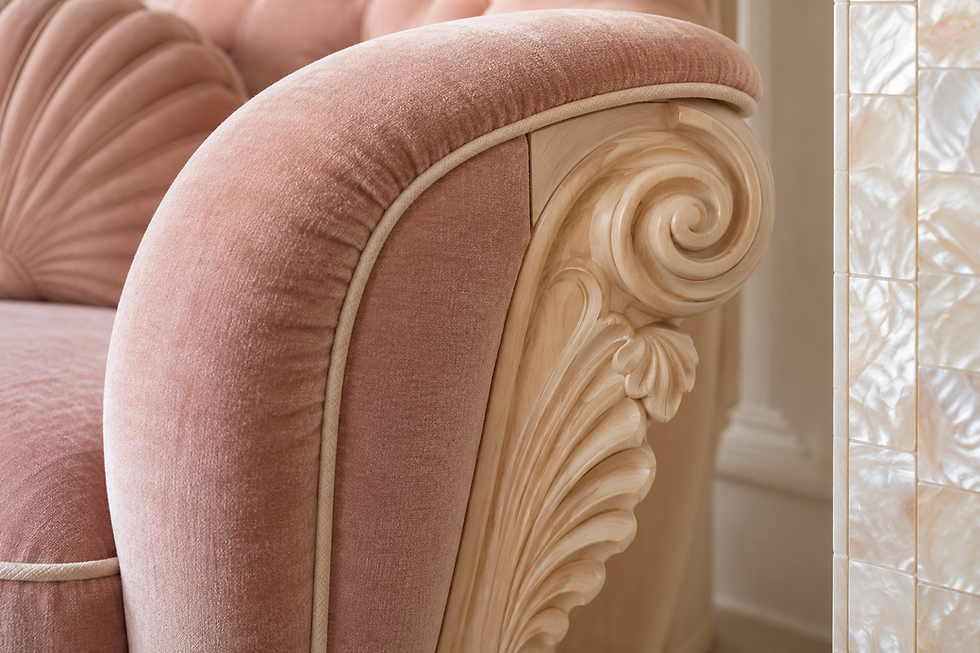 Original craftsmanship concept: soft upholstery piping meets crisp maple scroll carving beside a pearlescent ceramic inset.