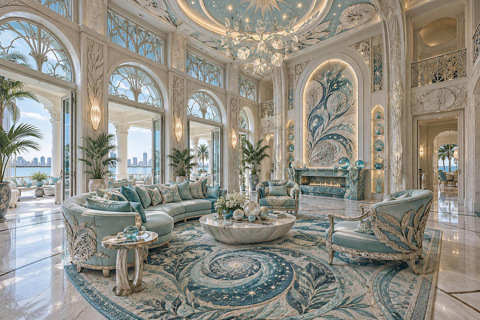 Principal interior for The Tide Pavilion: water-colored upholstery, carved botanical frames and celestial ornament.