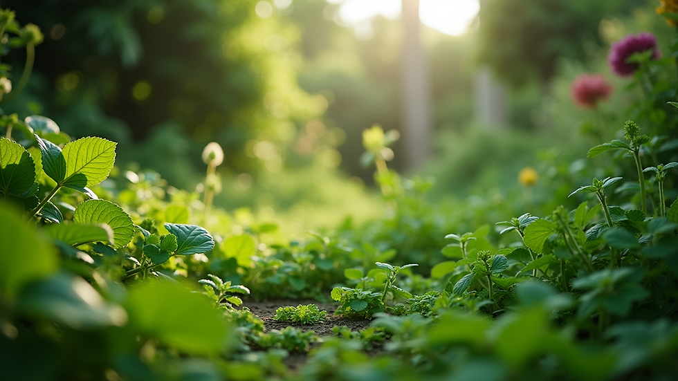 Eye-level view of a lush green garden with diverse plants