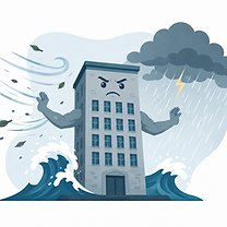 building personified fighting the wind and weather elements