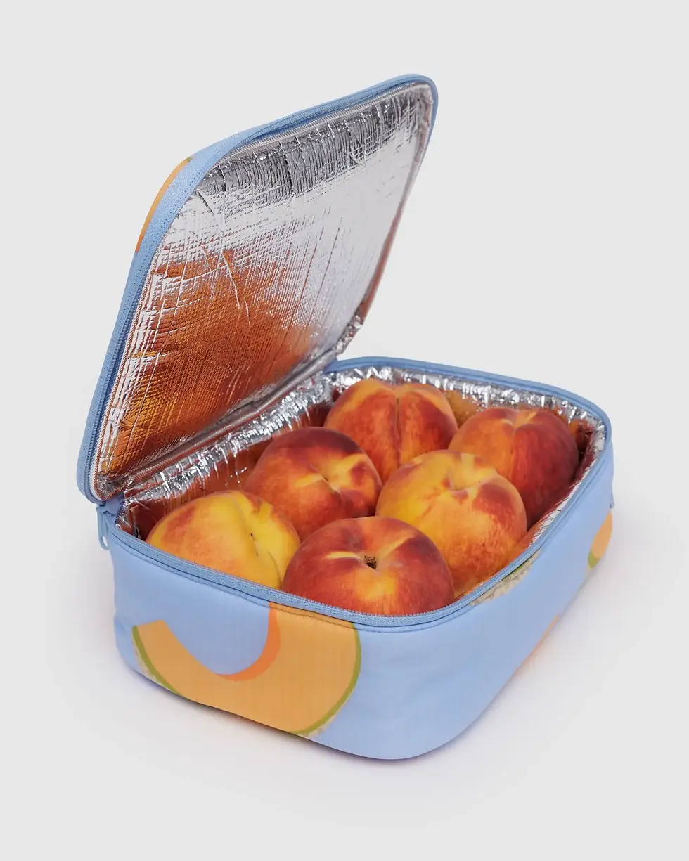 BAGGU Lunch Box Cantaloupe Blue gefüllt mit sechs Nektarinen