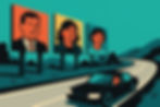 Illustration of a car driving past billboards featuring smiling faces