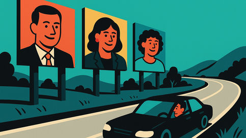 Illustration of a car driving past billboards featuring smiling faces