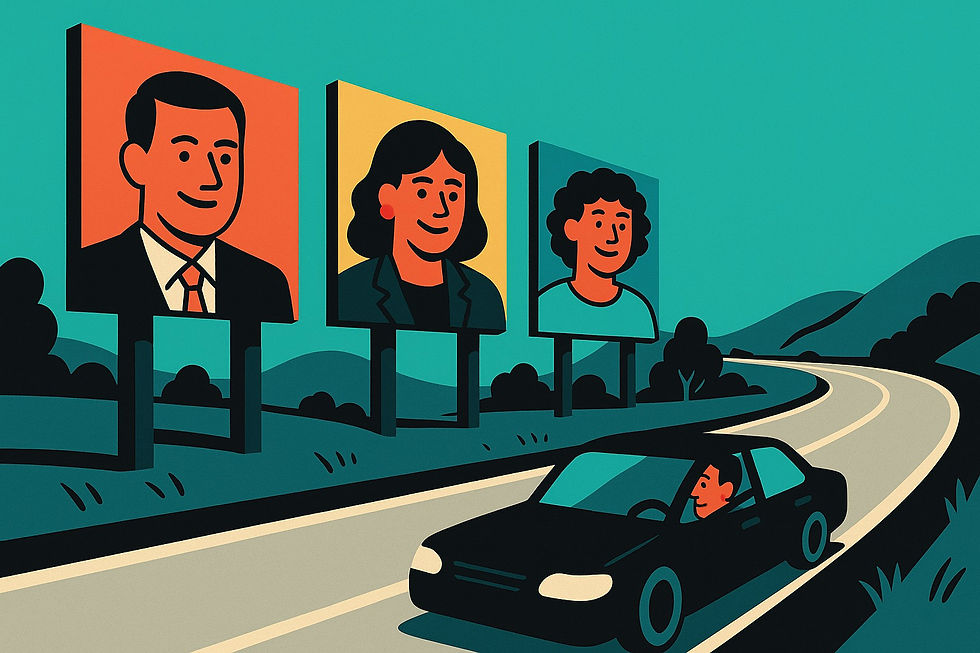 Illustration of a car driving past billboards featuring smiling faces
