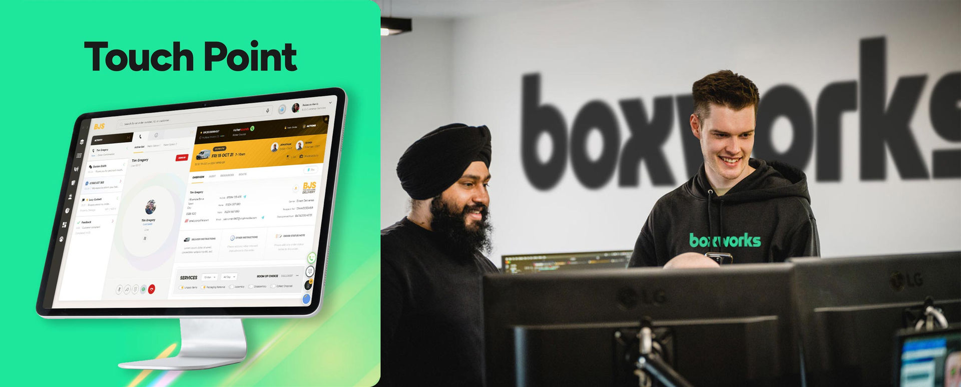 An example of Boxworks brand photography showing office signage and a screen visual of a saas product