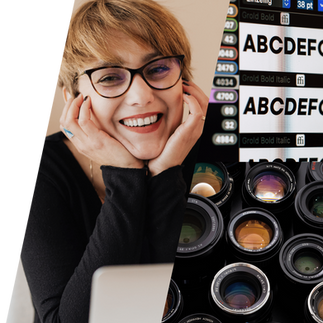 Photo collage of a woman, letters of the alphabet, and an image of camera lenses.