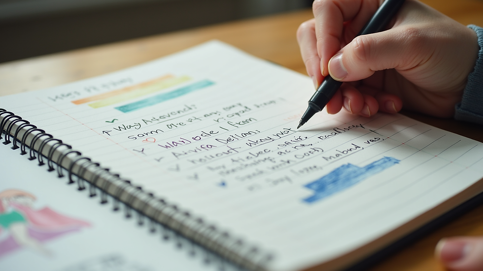 Close-up view of a notebook with creative writing and colorful drawings