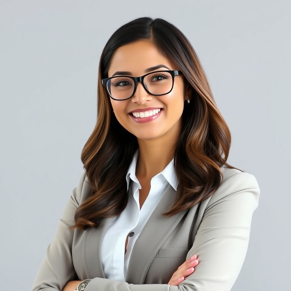Latino female in business casual clothing, with glasses, and brown hair, professional head