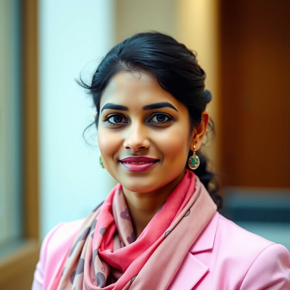 Indian female CEO in pink business attire, headshot, without a bindi on her forehead. natu