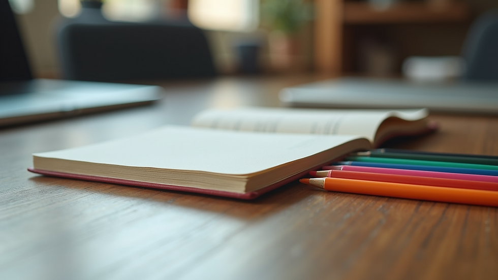 Close-up view of a journal and colorful pens on a wooden desk