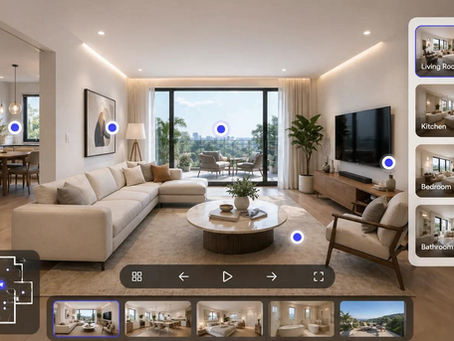 Interactive virtual tour of a house living room.