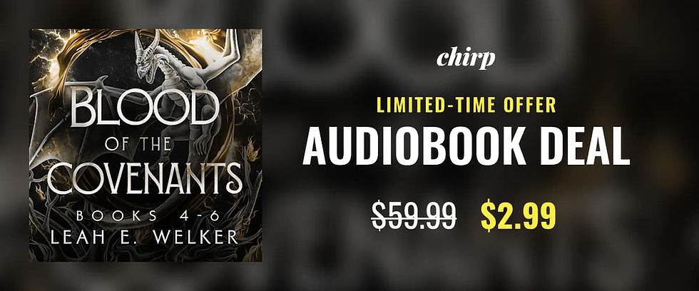 Audiobook deal ad for "Blood of the Covenants" by Leah E. Welker. Dark, mystical design with a white dragon. Price reduced from $59.99 to $2.99.