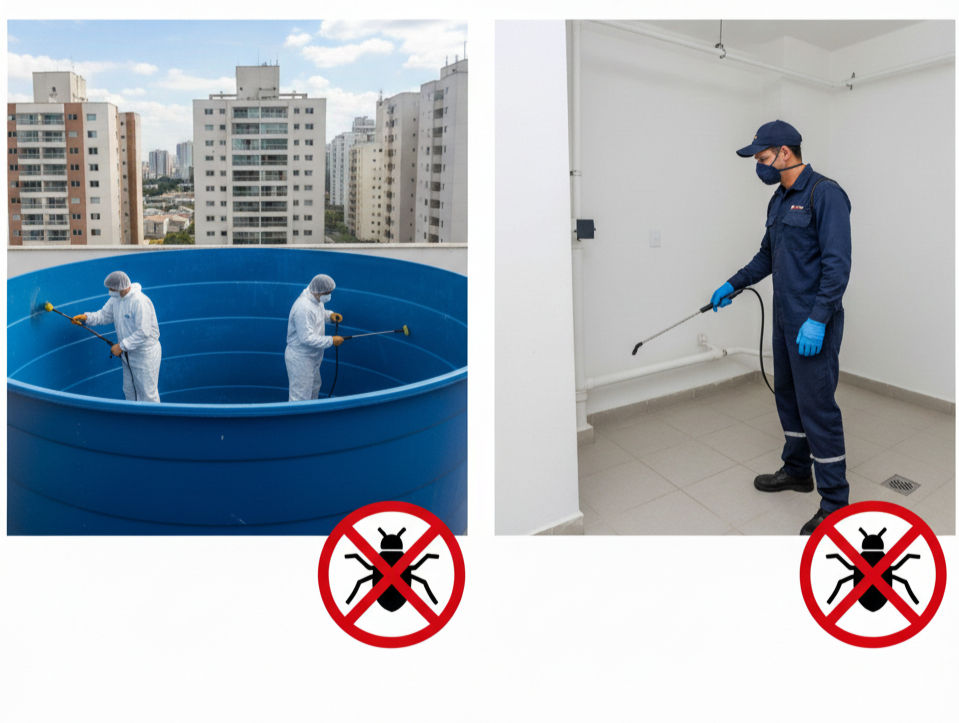 Profissionais realizando serviços de limpeza de caixa d'água (a cada 6 meses) e dedetização (a cada 3 meses), fundamentais para a saúde e a legalidade do seu empreendimento.