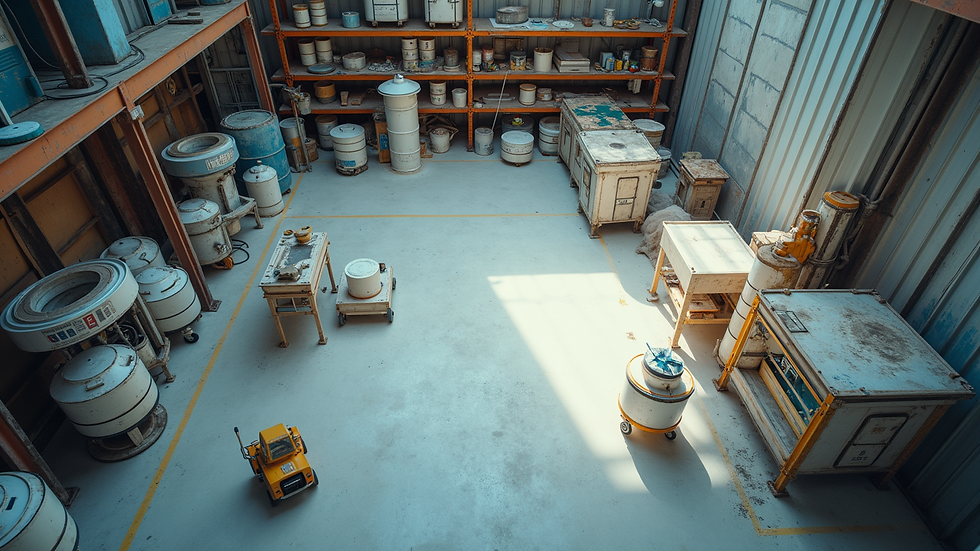 High angle view of industrial painting equipment and materials arranged on site