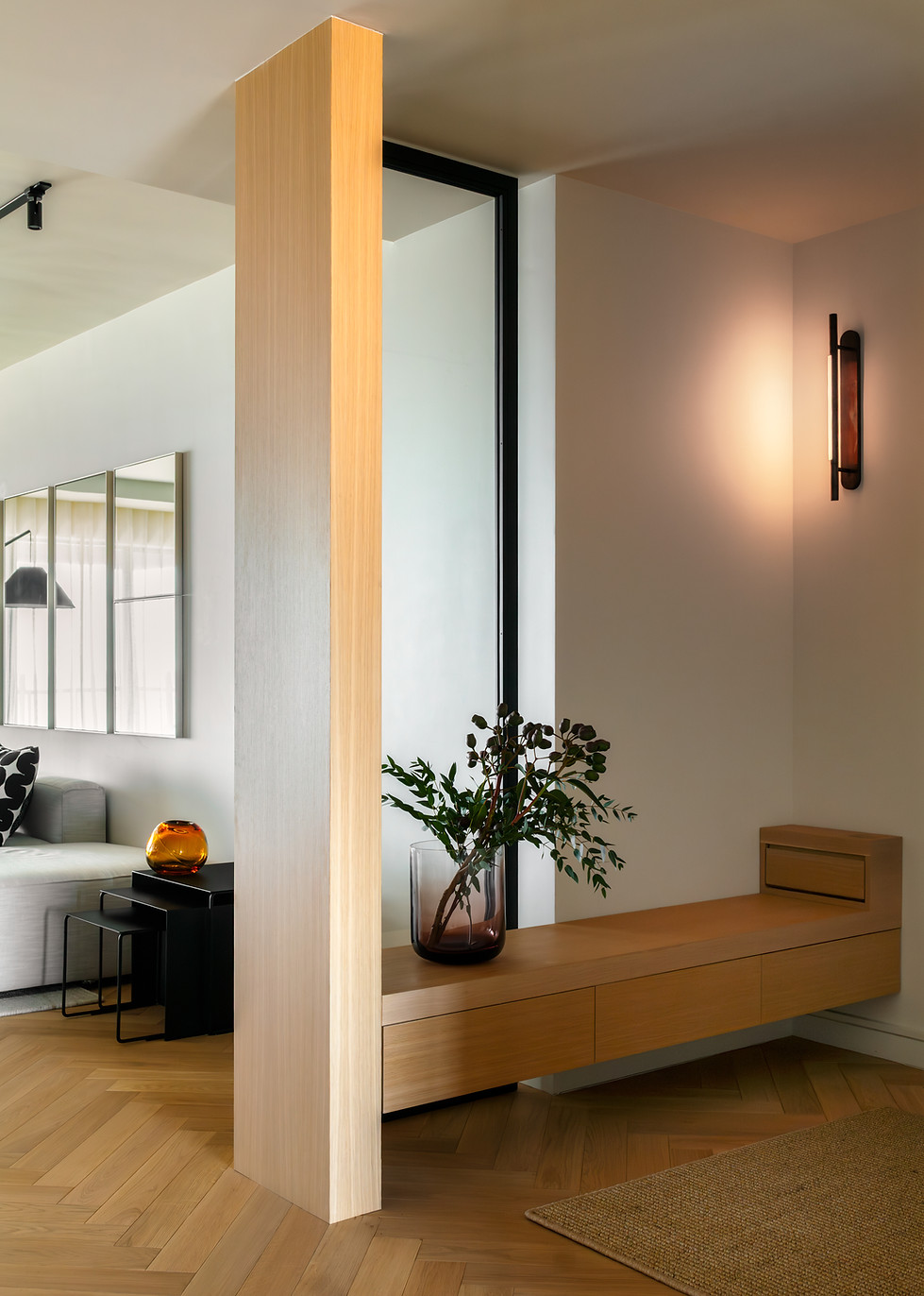 Studio Ocra apartment renovation with bespoke entry bench