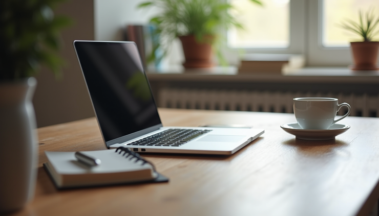 Eye-level view of a laptop on a wooden desk with notes and a coffee cup
