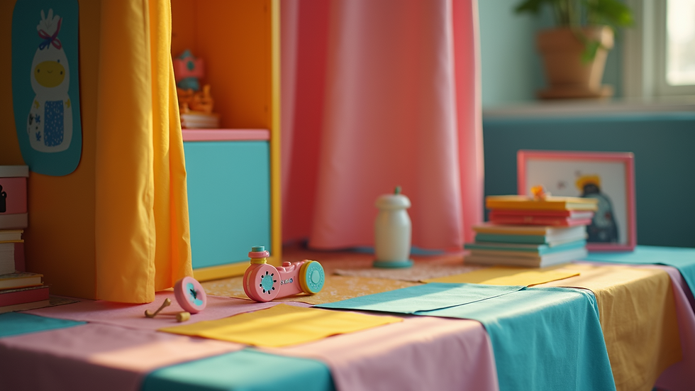 Close-up view of a portable photo booth with colorful props on a table