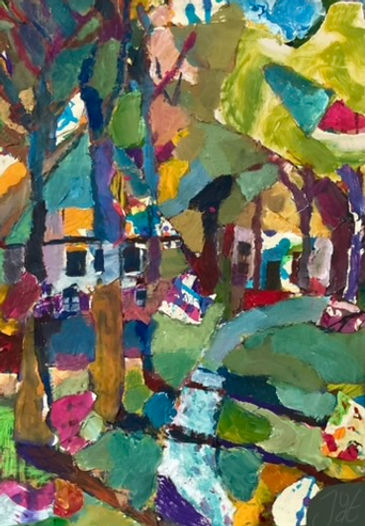 acrylic painting, mixed media, farmers house, trees, green, bright colors, road, expressionism