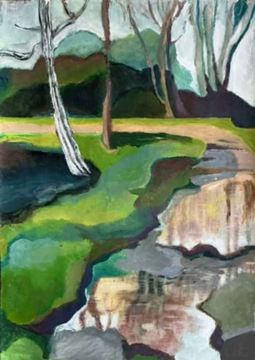 Painting of a park with rainpuddles, waterref;ection of trees, greens, mystical, semi-abstract