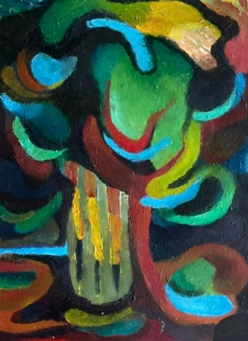 painting of a tree, abstract, blue, yellow, green and red, 