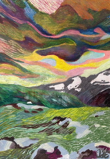landscape drawing, art, colored pencils, mountains, sky , fierce, colorful, rocks