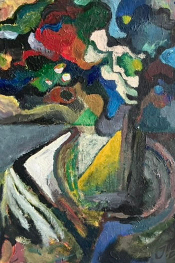 acrylic painting, vase and flowers, semi-abstract