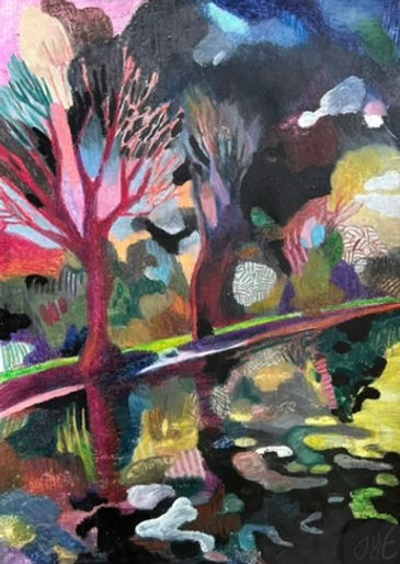 painting of a red tree, black cloud, darkness, brightness, intense colors, water and trees, waterreflection