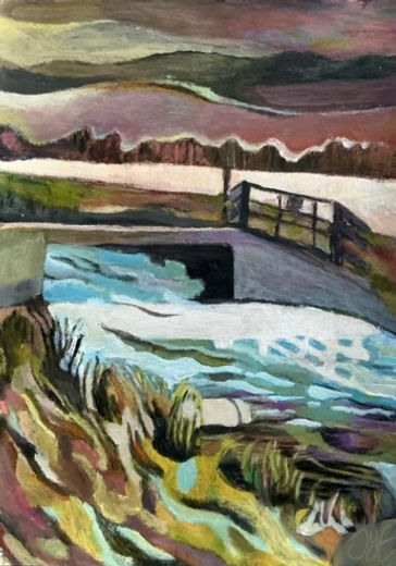 Drawing of Dutch polder landscape, small bridge across water, intense colors, dark and bright, fine art